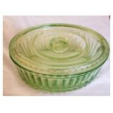 Green depression glass refrigerator dish & lid