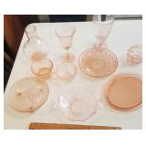 10 pieces of pink depression glass