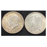 Two 90% Silver 1964-d Kennedy Half Dollars