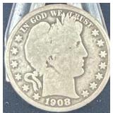 Silver 1908-o Barber Half Dollar