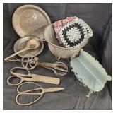 Vtg. Antique scissors , strainer /wooden spoon