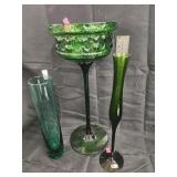 Vtg green glass stunned compote / Vtg Bud vase