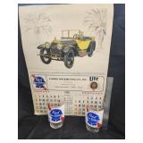 Vtg. P.B.R calendar & 2 Beer Glasses