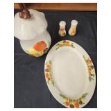 Vtg. Ceramic mushrooms canister, tray  & salt a