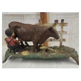 Vtg. J.&E. Boy milking cow mechanical cast iron