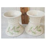 Vtg Belleek Shamrock  pottery  candle holders