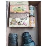 2 Vtg Recipes Boxes/ Vtg spice shakers tin