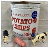Vintage Jane Parker Potato Chips Tin & 3 farm