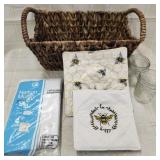Woven Storage Basket, Potholders, Nos Pillow Cases
