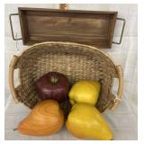 Wicker Basket, Wooden Tray & 4 Lg Decorative Fruit