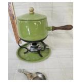Mid Century Modern avocado green enamel fondue set