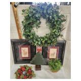 Vtg. Picture frames,wreath,  wooden tree
