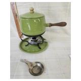 Mid Century Modern avocado green enamel fondue set