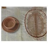 Pink divided depression glass dish  and a pink