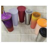 6 Starbucks Tumblers, 1 Tupperware Tumbler