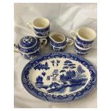 Vintage Blue Willow Serving Tray, Sugar/Creamer,