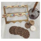 Pioneer wood wine rack, Metal basket, Coasters,