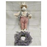 Vtg. Style Rabbit doll, lavender wreath