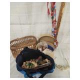 Vtg. Buttons , Childs tiara, Wood basket