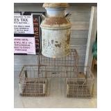 Galvanized steel milk can and three milk crates