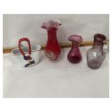 Red and colored glass vases one Marano style