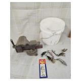 Vtg. Bench vise, Vtg. Fishing lures,  small bucket