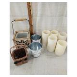 2 wood baskets , 5 Battery candles , 2 tin cans