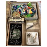 Vintage Scarf, Compact, Pens, Brush, Tie Clasp &