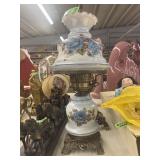Vtg hurricane style lamp with blue floral