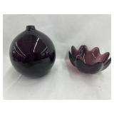 Black amethyst glass round vase and a signed 2