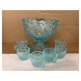 Antique Childrenï¿½s Blue Glass Punchbowl w/6 cups