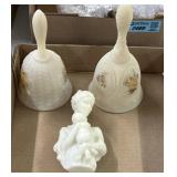 Two Fenton, custard, glass bells and a woman w