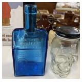 Glass Skull w/Lid & E. C. Booz Whisky Bottle