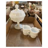 Milk Glass Candy Dish & Cream & Sugar Dispensers
