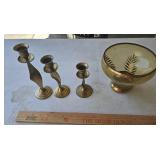 3 sm brass candle holders  glass bowl