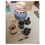 Pottery group & alabaster vase, Navajo is damaged