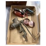 2 Vintage Irons, Grinder & Puzzle Tin