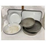 2 Vintage Black & White Enamel Trays & 2 Blue &