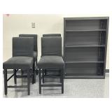 Rm 305 Four Black Cushion, Chairs, And Bookshelf