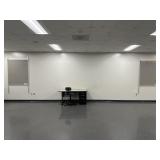 Two pin boards, a desk and a chair RM201