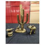 Vtg. Cast Brass Saguaro Cactus & Roadrunner