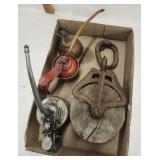 Vtg. Style Cast Iron & Wood Wheel Pulley, 3 Vtg.