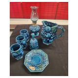 Vtg. Inarco Mood Indigo Pitcher, Oil Lamp,  Cups