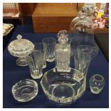 Crystal glassware: candy dish, decanter, bell jar