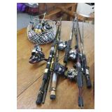 Fishing lot rods & reels, also parts and pieces
