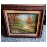 Framed oil on canvas, pond scene