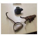 Vintage boot jack, hay hook, string holder
