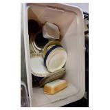 Kitchen items: baking dishes, corelle,  plates,