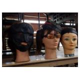 3 mannequins, wigs, leather skullcap
