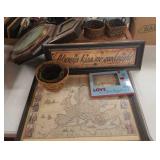 Vintage map, clock case, baskets, framed items